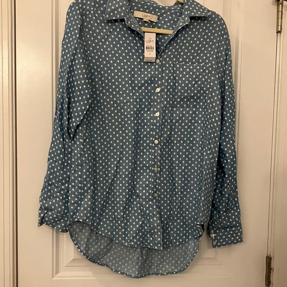 LOFT Blue and White Polka Dot Shirt